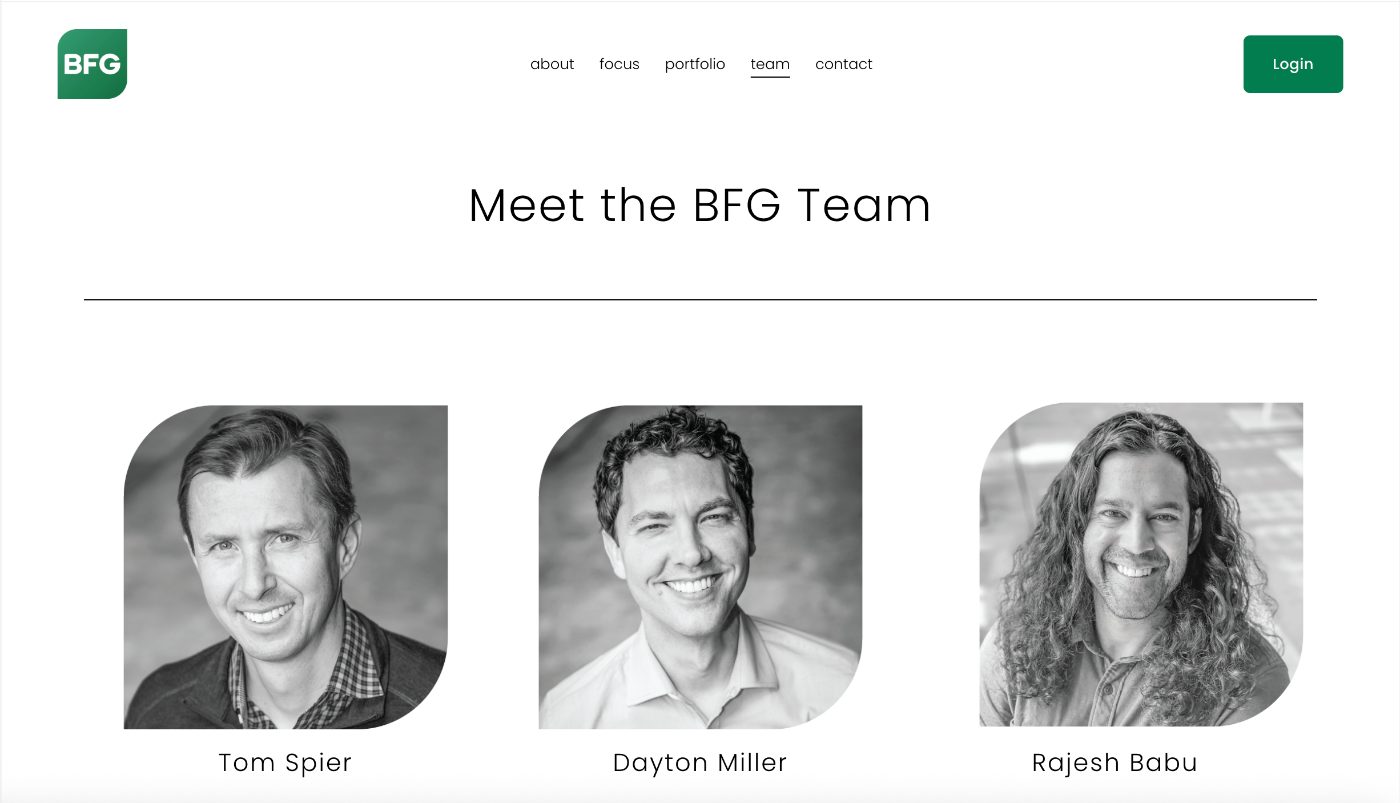 BFG Team page before the redesign